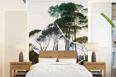 Produktbild von MuchoWow® Fototapete für Wohnzimmer oder Schlafzimmer Wandtapete Vinyl Motivtapete Italienische Landschaft Schirmkiefern - Kunst - Hendrik Voogd - Malerei - Schwarz-Weiß - Alte Meister - 205x280 cm - Wandbild