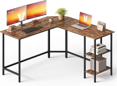 Immagine prodotto di Scrivania ad angolo a forma di L - Scrivania per computer con 2 ripiani - Stile industriale - Struttura in metallo - 138 x 138 x 76 cm