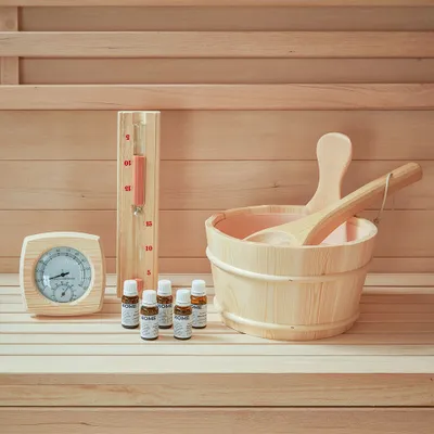 Produktbild von HOME DELUXE - Saunazubehör 10 tlg. - Q PREMO - inkl. Saunakübel, Saunakelle, Sanduhr, Thermo- & Hygrometer