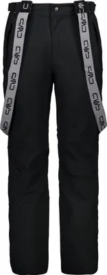 A pair of black ski pants with gray suspenders is shown against a white background.
