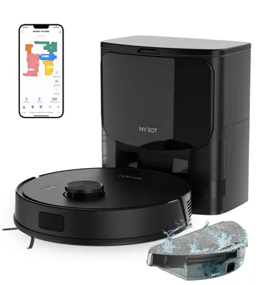 A black robot vacuum cleaner with its charging and emptying station, a water tank accessory, and a smartphone displaying a cleaning map.