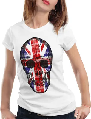 Produktbild von style3 Great Britain Skull Damen T-Shirt Totenkopf England Flagge Oberteil Jack Union Kostüm, Farbe:Weiß, Größe:S