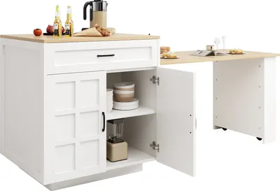 Immagine prodotto di Abrihome tavolo da pranzo allungabile tavolo bar, tavolo da cucina ad isola allungabile con 2 cassetti e 4 scomparti, tavolo da cucina marmorizzato, bianco