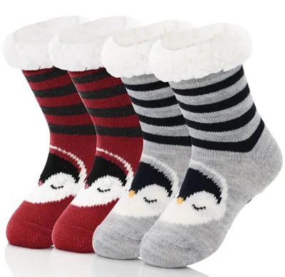 Produktbild von Kindersocken Winter warm flauschig dick Kuschelsocken Haussocken Bodensocken für Kinder 8-12 Jahre Pinguin Design Anti-Rutsch Acryl Polyester Elasthan Fleece gefüttert