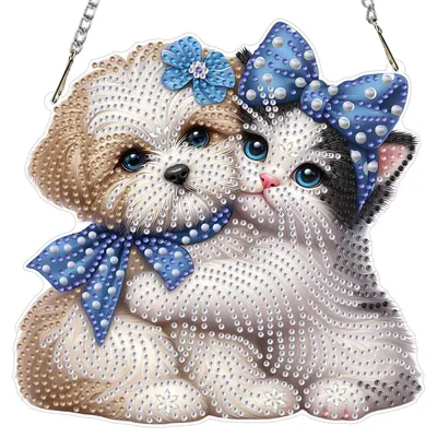 Image de Kit de création de pendentif "diamond painting" avec chaîne, pour adultes, idéal pour créer des décorations de fenêtre, motifs animaux, double face