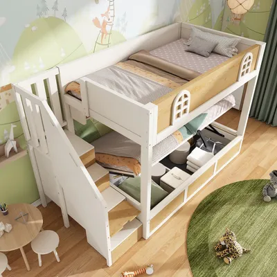 Image de OKWISH Lit Superposé 90x200 cm - Lit Enfant avec Escalier et Rangement Sous Lit, Barreaux de Sécurité, MDF + Métal, Blanc + Bois Naturel