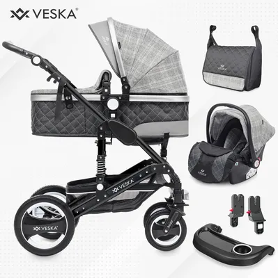 Productafbeelding van VESKA® 3-in-1 combinatie kinderwagen, inclusief babyzitje, buggy, joggingwagen, met verzorgingstas, muggennet, regenbescherming, speeltafel, autostoeltje, voetenzak, QuickFold-mechanisme, aluminium frame - zwart - antraciet/ruitjesprint