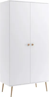 A white two-door wardrobe with wooden legs and handles, shown against a white background.