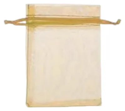 A close-up view of a single, empty, beige organza drawstring bag against a white background.