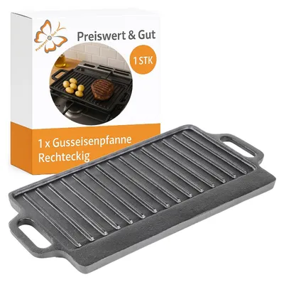 Produktbild von Gusseisen Pfanne Grillplatte rechteckig 40 x 20,5 cm massiv 2,7 kg mit Griffen für BBQ Grill Gasherd Induktion Backofen gleichmäßige Hitze Pfanne Bratplatte