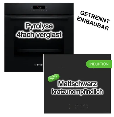 Produktbild von Herdset Bosch 3D Heißluft Pyrolyse AutoPilot + keenberk Induktionskochfeld Booster Touch-Slider MattBlack