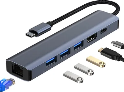 Produktbild von H32C 6-in-1 USB-C Hub Adapter – 3× USB 3.0, HDMI 4K, USB-C PD, RJ45 1000M Ethernet