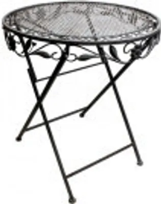 A black metal folding table with a round mesh top and decorative leaf accents on the legs.
