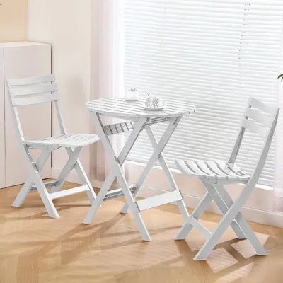 Produktbild von 3-teiliges Bistroset mit klappbarem Bistrotisch und 2 Stühlen, Balkontisch-Set für 2 Personen, kleiner Kunststoff-Gartentisch mit 2 Stühlen für Balkon und Garten, Weiß
