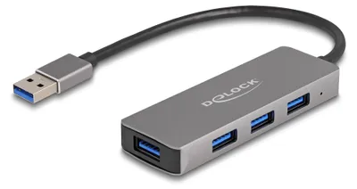 Produktbild von DeLOCK 4 Port USB 5 Gbps Hub mit USB Typ-A Anschluss – USB Typ-A Buchsen seitlich, USB 3.2 Gen 1 (3.1 Gen 1) Type-A, USB 3.2 Gen 1 (3.1 Gen 1) Type-A, 5000 Mbit/s, Grau, Rundkabel, 0,2 m