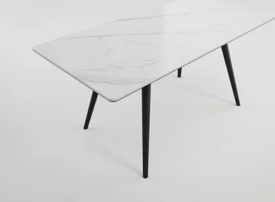 Produktbild von Esszimmertisch RIGA 160x80cm weiße Keramikplatte schwarze konische Tischbeine : Weiss