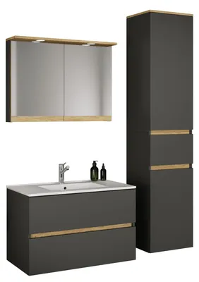 Zdjęcie produktu dla Zestaw mebli łazienkowych 4-częściowy z ceramiczną umywalką, szafką łazienkową z 2 szufladami z cichym domykiem, wysoką szafką, szafką z lustrem, oświetleniem i gniazdkiem, wymiarami szafki pod umywalkę: wys. 51 x szer. 81 x gł. 47 cm, Cosila-I