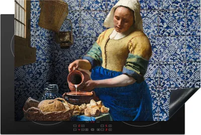 Produktbild von KitchenYeah© Herdabdeckplatte Milchmädchen - Delfter Blau - Vermeer - Gemälde - Alte Meister , 80x52cm, Küche Deko, Glaskeramikkochfeld Herdabdeckung, Abdeckplatte fùr Kochfeld