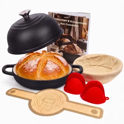 Produktbild von osoltus Brotbackform Kuppeldeckel Set Gusseisen Topf 26cm Emaille Schwarz, KI-generiertes Bild