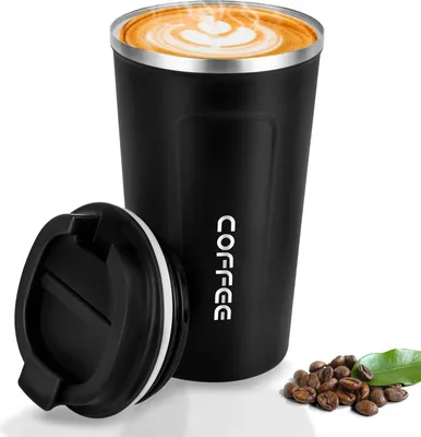 Produktbild von Stainless Steel Thermal Mug, Coffee Mug to Go, Vacuum Insulated Stainless Steel Mug, Coffee Cup with Lid for Tea, Coffee, Hot Cold Water, Coffee, Travel Mug (Black, 18 oz/510 ml)