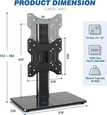 Image de Support TV réglable pour téléviseurs de 23 à 43 pouces, réglable en hauteur, jusqu'à 30 kg, mobile
