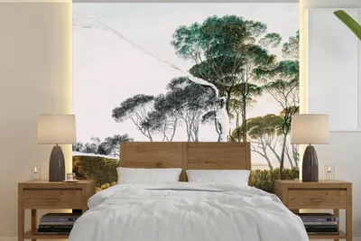 Produktbild von MuchoWow® Fototapete für Wohnzimmer oder Schlafzimmer Wandtapete Vinyl Motivtapete Italienische Landschaft Schirmkiefern - Kunst - Hendrik Voogd - Malerei - Schwarz-Weiß - Alte Meister - 350x350 cm - Schlafzimmertapete