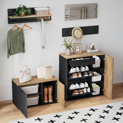 A hallway furniture set including a shoe cabinet, shoe bench, and wall shelf with hooks and a mirror.