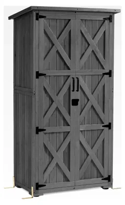 Produktbild von Gartenschrank aus Holz, Gerätehaus für den Außenbereich, wetterfest, für Balkon und Terrasse, 55×90×169 cm, Grau
