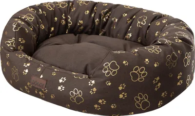 A brown dog bed with gold paw prints on a white background.