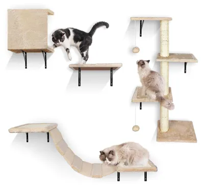 Produktbild von Katzen Kletterwand, 10-teiliges stabiles Katzenmöbel mit Kratzbäumen, Hängematte, Katzentreppe, Katzenbrücke und Katzenhöhle, Beige