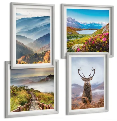 Produktbild von Bilder Set 4-teilig im silbergerahmten Rahmen – Wandbilder 4 Stück – gerahmte Poster für Wohnzimmer, Schlafzimmer und Flur – 50x50 cm - 40x60 cm – Berglandschaft, See, Hirsche