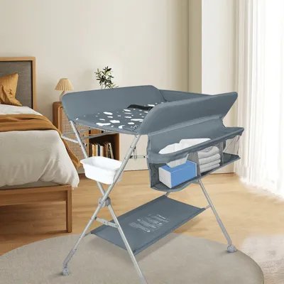 Produktbild von Mobiler Wickeltisch mit Rollen,Klappbare Wickelkombi Wickelkommode mit Ablagefächern 80x58x90cm Dunkelgrau