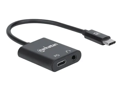 Produktbild von Manhattan 11 cm Mini-Phone/USB-C Audio-/Stromkabel für Audiogerät, Computer, Kopfhörer - 1 - Zweiter Anschluss: 1 x USB 3.2 (Gen 1) Type C - Female, 1 x Mini-phone Audio - Female - 480 Mbit/s - Schwarz