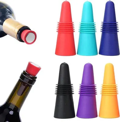Produktbild von 6er Set Weinstopper aus Silikon und Edelstahl für Wein- und Champagnerflaschen, bunt