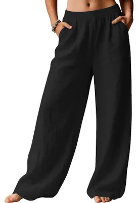 Produktbild von ASKSA Damen Sommer Hose Casual Strandhose Weite Bein Freizeithose Elegant Einfarbig Sommerhose Leichte Leinen Stoffhose mit Taschen (Schwarz,M)