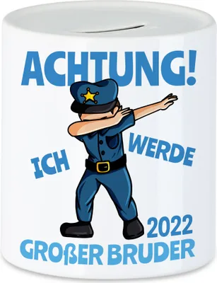 Produktbild von Ich Werde Großer Bruder 2022 Spardose Ankündigung Schwangerschaft Polizist Dab Babynews