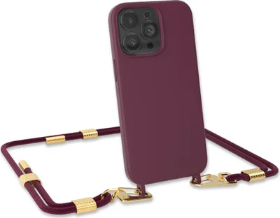 Produktbild von EAZY CASE Handykette Silikon mit Clips 2 in 1 kompatibel mit Apple iPhone 13 Pro Handyhülle mit Umhängeband, Handykordel mit Silikon, Hülle mit Band, Beeren Rot - Clips Gold