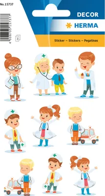 Image de HERMA 15737 Aufkleber Arzt klein, 27 Stück, Berufe Sticker mit Krankenschwester Krankenwagen Doktor Motiv, Kinder Etiketten für Fotoalbum Tagebuch Poesiealbum Scrapbooking Geburtstag Deko Briefe