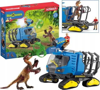 A collage of images showing a dinosaur exploration vehicle toy set with figures and dinosaurs, including packaging and close-up views.