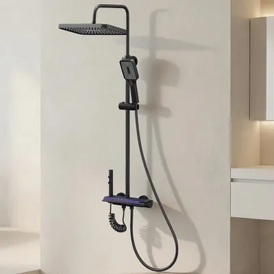 Produktbild von Stanew Duschsäule, Schwarz, Titan, mit quadratischem Kopf, Duschsäule mit 4 Strahlarten, LED-Anzeige Sternenhimmel, Handbrause mit 3 Modi