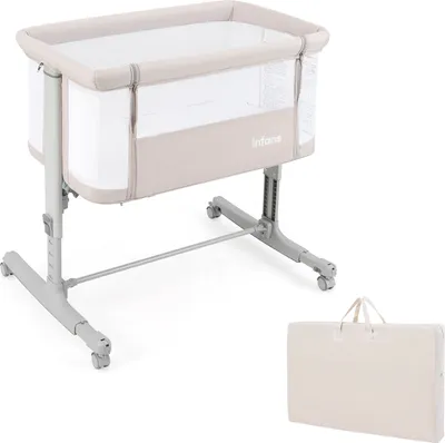 Produktbild von COSTWAY 3 in 1 Beistellbett, Reisebett Baby mit Matratze, Babybett & Babywiege & Kinderbett 5-stufig höhenverstellbar neigbar, Stubenwagen Beige