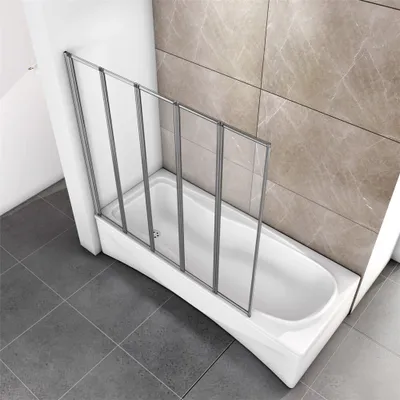A bathtub with a folding shower screen attached.