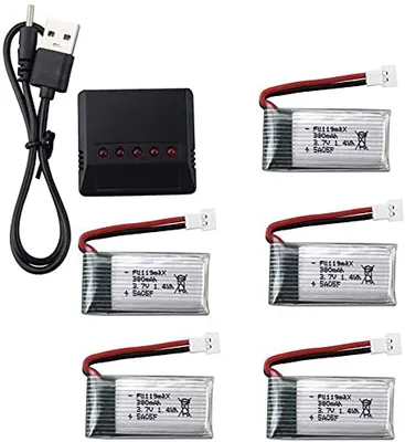 Immagine prodotto di kit adattatore caricabatterie 5-in-1 + 5x batterie al litio 3,7V 380mAh 25C | Per Hubsan X4, Tera Mini Quadrocopter | Tempi di volo prolungati, argento
