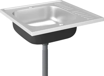 A stainless steel sink with a drainboard and a flexible drain pipe, isolated on a white background.