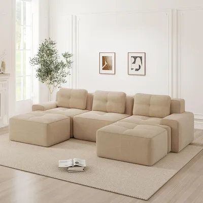 Image de Canapé Cloud en velours côtelé, forme en U, canapé modulable sans structure, 3 places, avec pouf, 293 x 177 x 69 cm, beige