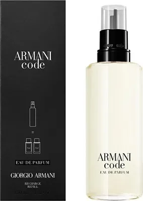 A bottle of Armani Code Eau de Parfum refill next to its packaging.