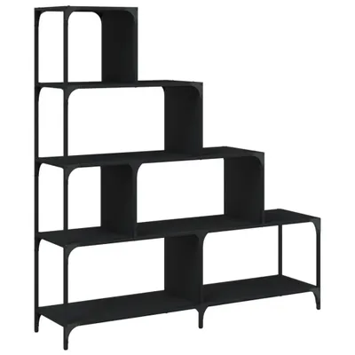 A black, multi-tiered bookshelf against a white background.