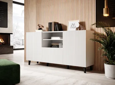 Obrázok produktu pre Komoda PAFOS 150 cm WHITE MATT čierne nohy s frézovanými čelami MDF 2 dvierka, 1 zásuvka príborník vysoká skriňa skrinka otvorené police bufet