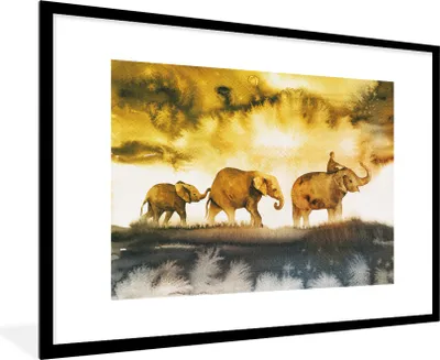 Produktbild von MuchoWow® MuchoWow® Gerahmtes Poster Elefanten - Aquarell - Gelb 90x60 cm - Poster mit zchwarzem Bilderrahmen - Wanddekoration - Fotos