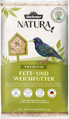 Produktbild von Dehner Natura Premium Wildvogelfutter, Fettfutter / Weichfutter, Ganzjahresfutter artgerecht / kraftspendend, hochwertiges Vogelfutter für Wildvögel, 2.5 kg